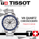 Tissot V8 Quartz T Sport Chronograph White Dial Silver Steel Strap Watch For Men - T106.417.11.031.00 Authentic Buy Shop Now