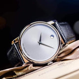 Movado Museum Quartz Silver Dial Black Leather Strap Watch For Men - 2100001 Authentic Buy Shop Now