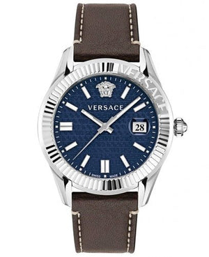 Versace Greca Time Quartz Blue Dial Brown Leather Strap Watch For Men - VE3K00122 Authentic Buy Shop Now