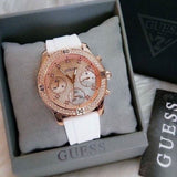 Guess Confetti Crystal Rose Gold Dial White Silicone Strap Watch For Women - W1098L5 Authentic Buy Shop Now