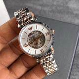 Emporio Armani Gianni T Bar Silver Skeleton Dial Two Tone Strap Watch For Women - AR1992 Authentic Buy Shop Now