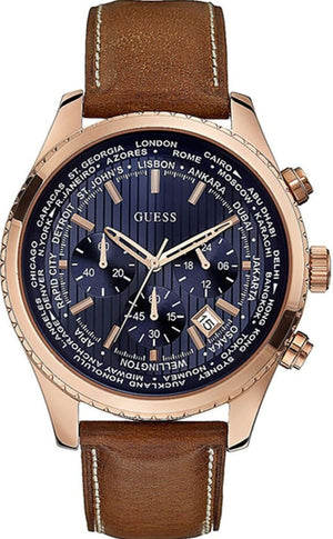 Guess Persuit Chronograph Blue Dial Brown Leather Strap Watch for Men - W0500G1 Authentic Buy Shop Now