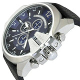 Diesel Mega Chief Chronograph Blue Dial Black Leather Strap Watch For Men - DZ4423 Authentic Buy Shop Now