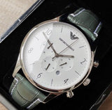 Emporio Armani Classic Chronograph Silver Dial Grey Leather Strap Watch For Men - AR1861 Authentic Buy Shop Now