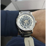 Emporio Armani Meccanico Skeleton Silver Dial Silver Steel Strap Watch For Men - AR1980 Authentic Buy Shop Now