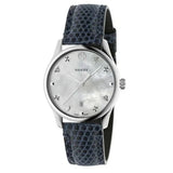 Gucci G-Timeless Signature Mother of Pearl Silver Dial Blue Leather Strap Watch For Women - YA1264049 Authentic Buy Shop Now