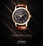 Citizen Eco Drive Multi Function Day & Date Black Dial Brown Leather Strap Watch For Men - AO9003-08E Authentic Buy Shop Now
