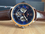 Tommy Hilfiger Keagan Chronograph Blue Dial Brown Leather Strap Watch for Men - 1791290 Authentic Buy Shop Now