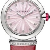 Bvlgari Lvcea Intarsio Diamonds Mother of Pearl Pink Dial Red Leather Strap Watch for Women - LVCEA103619 Authentic Buy Shop Now