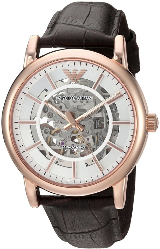 Emporio Armani Meccanico Silver Skeleton Dial Brown Leather Strap Watch For Men - AR1983 Authentic Buy Shop Now