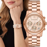 Michael Kors Runway Chronograph Rose Gold Dial Rose Gold Steel Strap Watch For Women - MK7324 Authentic Buy Shop Now
