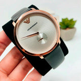 Emporio Armani Modern Slim Analog Silver Dial Brown Leather Strap Watch For Men - AR11163