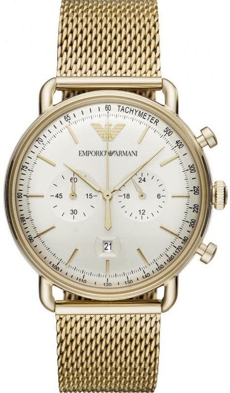 Emporio Armani Aviator Chronograph Quartz Beige Dial Gold Mesh Bracelet Watch For Men - AR11315 Authentic Buy Shop Now