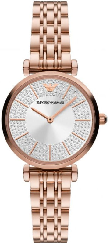 Emporio Armani Gianni T-Bar Crystals Silver Dial Rose Gold Steel Strap Watch For Women - AR11446 Authentic Buy Shop Now