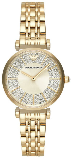 Emporio Armani Gianni T Bar Analog Crystals Gold Dial Gold Steel Strap Watch For Women - AR11608 Authentic Buy Shop Now