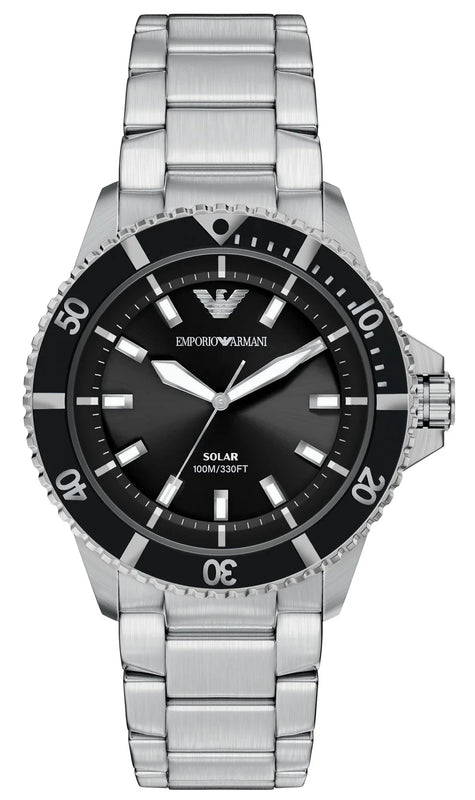 Emporio Armani World Explorer Solar Black Dial Silver Steel Strap Watch for Men - AR11787 Authentic Buy Shop Now