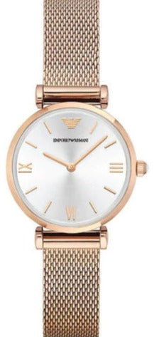 Emporio Armani Gianni T Bar Silver Dial Rose Gold Mesh Bracelet Watch For Women - AR1956 Authentic Buy Shop Now