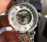 Emporio Armani Gianni T Bar Silver Skeleton Dial Two Tone Strap Watch For Women - AR1992 Authentic Buy Shop Now