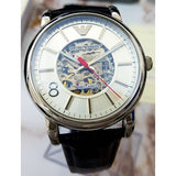 Emporio Armani Meccanico Silver Skeleton Dial Black Leather Watch For Men - AR1997 Authentic Buy Shop Now