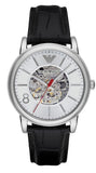 Emporio Armani Meccanico Silver Skeleton Dial Black Leather Watch For Men - AR1997 Authentic Buy Shop Now