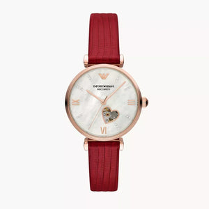 Emporio Armani Gianni T-Bar Mother of Pearl White Dial Red Leather Strap Watch For Women - AR60048 Authentic Buy Shop Now