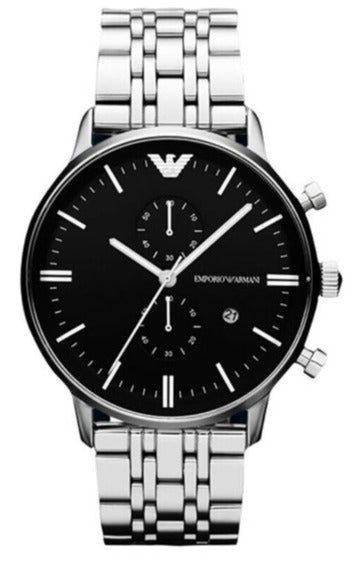 Emporio Armani Gianni Chronograph Black Dial Silver Steel Strap Watch For Men - AR80009 Authentic Buy Shop Now