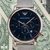 Emporio Armani Luigi Chronograph Blue Dial Silver Mesh Bracelet Watch For Men - AR80038 Authentic Buy Shop Now