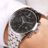 Citizen Eco Drive Chronograph Black Dial Silver Steel Strap Watch For Men - AT2140-55E Authentic Buy Shop Now
