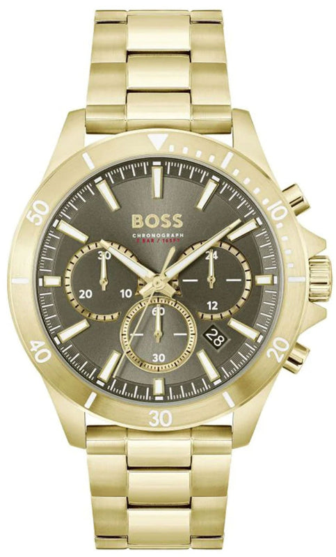 Hugo Boss Troper Chronograph Green Dial Gold Steel Strap Watch For Men - 1514059 Authentic Buy Shop Now