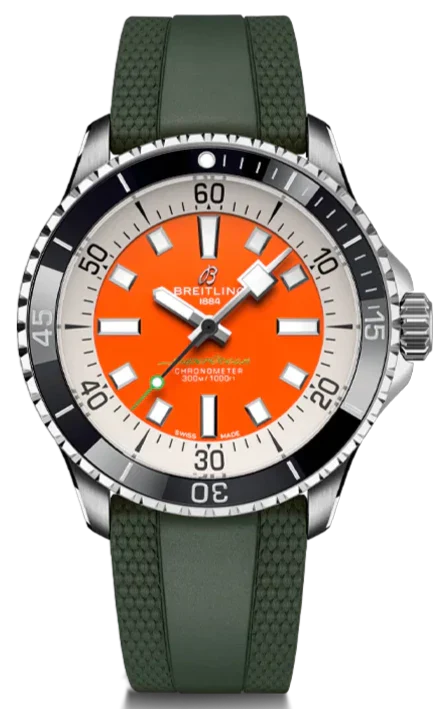 Breitling Superocean Automatic 42mm Kelly Slater Limited Edition Orange Dial Green Rubber Strap Watch for Men - A173751A101S1 Authentic Buy Shop Now