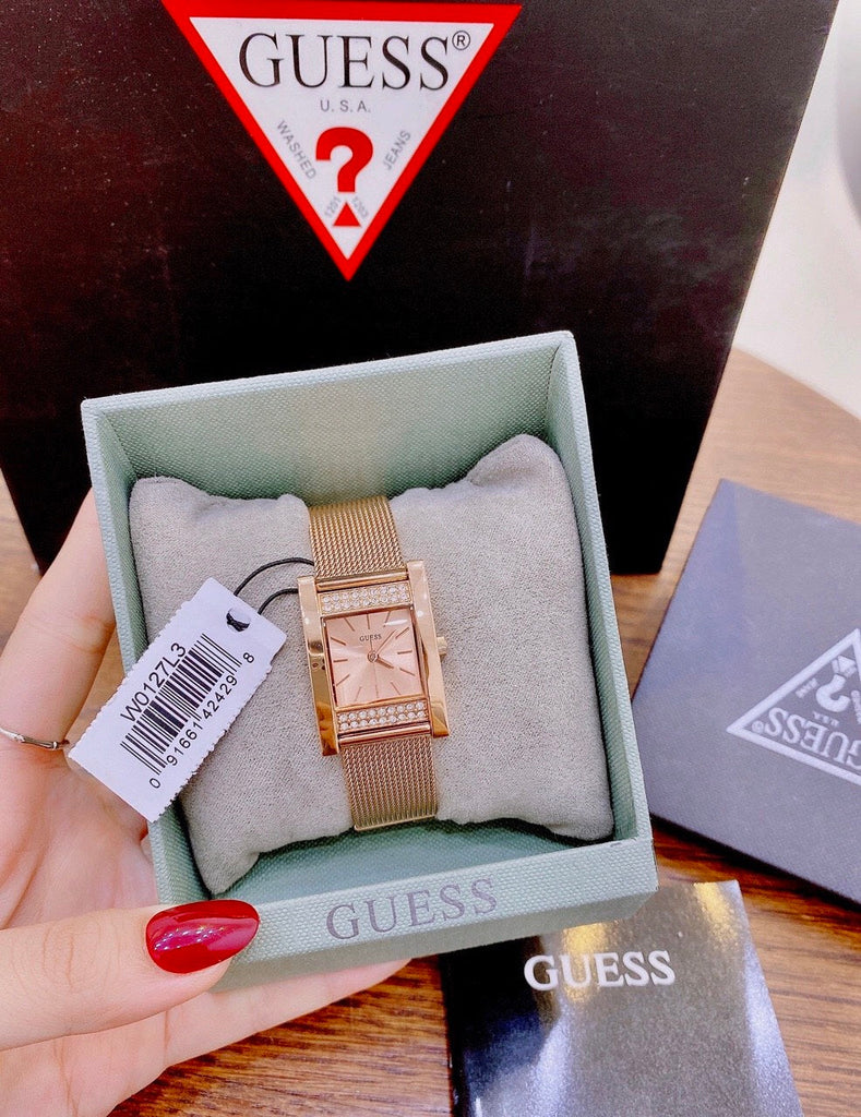 Guess Nouveau Diamonds Rose Gold Dial Rose Gold Mesh Bracelet Watch for Women - W0127L3 Authentic Buy Shop Now