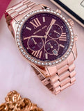 Michael Kors Lexington Chronograph Red Dial Rose Gold Steel Strap Watch For Women - MK7275 Authentic Buy Shop Now