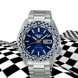 Seiko 5 Sports Petrol Blue Checker Flag Special Edition Blue Dial Silver Steel Strap Watch For Men - SRPK65K1 Authentic Buy Shop Now