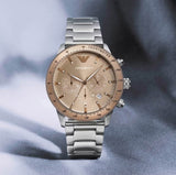 Emporio Armani Mario Chronograph Beige Dial Silver Steel Strap Watch For Men - AR11352 Authentic Buy Shop Now