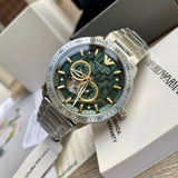 Emporio Armani Meccanico Chronograph Automatic Green Dial Silver Steel Strap Watch For Men - AR60053 Authentic Buy Shop Now