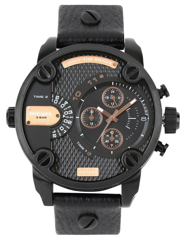 Diesel Little Daddy Chronograph Black Dial Black Leather Strap Watch For Men - DZ7291 Authentic Buy Shop Now
