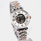 Emporio Armani Gianni T Bar Silver Skeleton Dial Two Tone Strap Watch For Women - AR1992 Authentic Buy Shop Now