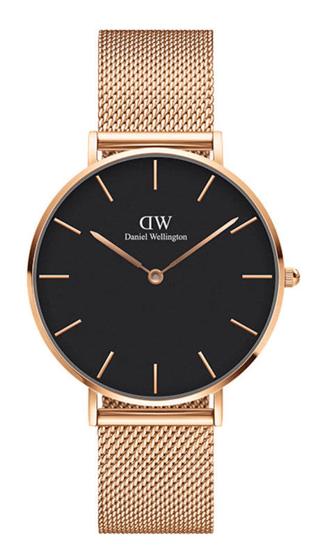 Daniel Wellington Petite Melrose Black Dial Rose Gold Mesh Strap Watch For Women - DW00100303 Authentic Buy Shop Now