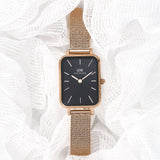Daniel Wellington Quadro Melrose Black Dial Rose Gold Mesh Bracelet Watch For Women - DW00100432 Authentic Buy Shop Now