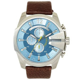 Diesel Mega Chief Chronograph Blue Dial Brown Leather Strap Watch For Men - DZ4281 Authentic Buy Shop Now