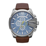 Diesel Mega Chief Chronograph Blue Dial Brown Leather Strap Watch For Men - DZ4281 Authentic Buy Shop Now