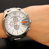 Diesel Mega Chief Chronograph White Dial Silver Steel Strap Watch For Men - DZ4328 Authentic Buy Shop Now