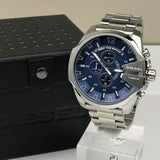 Diesel Mega Chief Chronograph Blue Dial Silver Steel Strap Watch For Men - DZ4417 Authentic Buy Shop Now
