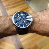 Diesel Mega Chief Chronograph Blue Dial Black Leather Strap Watch For Men - DZ4423 Authentic Buy Shop Now