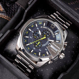 Diesel Mega Chief Chronograph Blue Dial Silver Steel Strap Watch For Men - DZ4465 Authentic Buy Shop Now