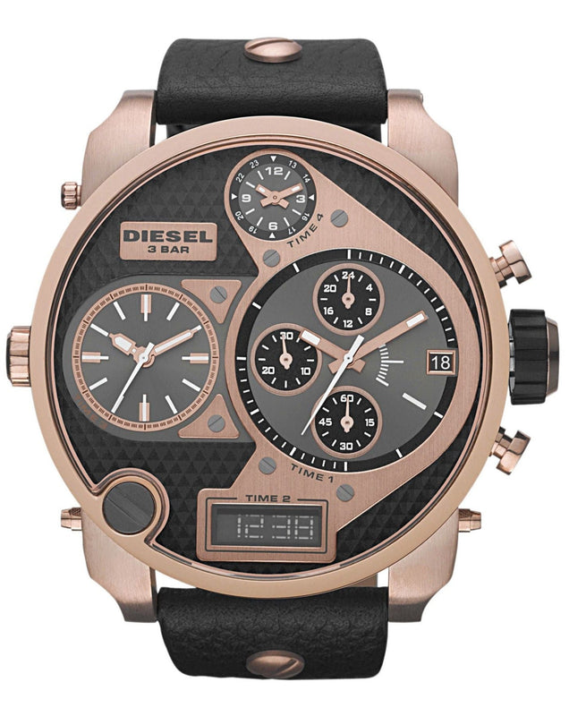 Diesel Big Daddy Gold & Black Dial Black Leather Strap Watch For Men - DZ7261 Authentic Buy Shop Now
