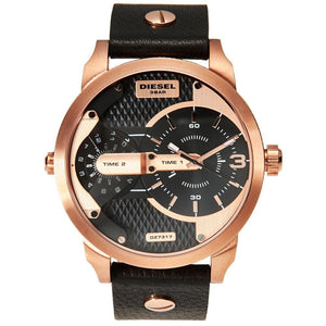 Diesel Mini Daddy Dual Time Black & Gold Dial Black Leather Strap Watch For Men - DZ7317 Authentic Buy Shop Now