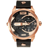 Diesel Mini Daddy Dual Time Black & Gold Dial Black Leather Strap Watch For Men - DZ7317 Authentic Buy Shop Now
