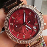 Michael Kors Parker Chronograph Red Dial Rose Gold Steel Strap Watch For Women - MK6106 Authentic Buy Shop Now