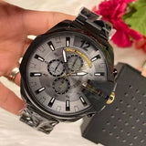 Diesel Mega Chief Chronograph Grey Dial Black Steel Strap Watch For Men - DZ4479 Authentic Buy Shop Now